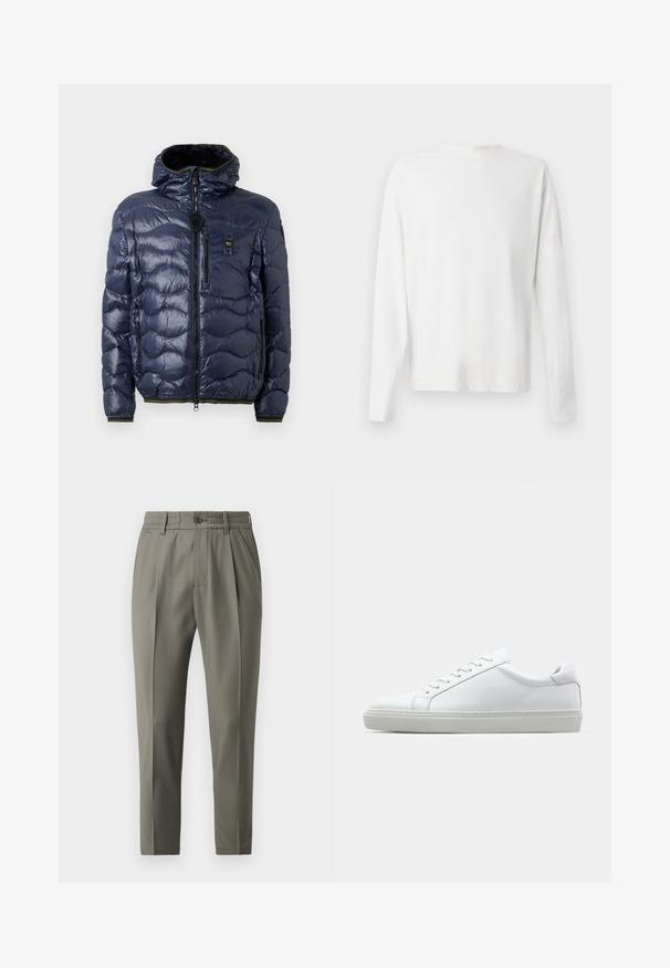 Marineblauwe pufferjack met een glanzende afwerking, gestikt patroon, ritsluiting, afneembare capuchon en zijzakken. Bevat zwarte en gele accenten.; Witte katoenen blouse met lange mouwen en een ronde halslijn, met zijsplitten aan de onderkant en een gladde textuur, vanuit de achterkant weergegeven.; Beige op maat gemaakte broeken met een rechte pasvorm, afgewerkt met een knoopsluiting, plooien aan de voorkant en een elastische tailleband voor comfort.; Witte sneaker met een gladlederen bovenwerk en een laag profiel. Voorzien van een ronde neus, zes vetergaatjes en een gestructureerde rubberen zool.