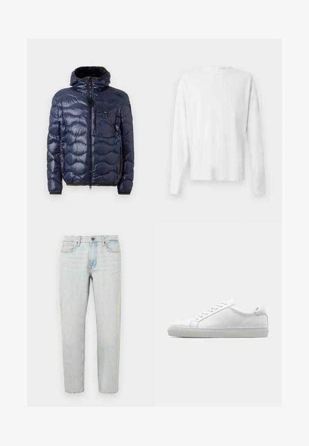 Merijalkapuku, jossa on kiiltävä pinnan, tikattu kuvio, vetoketjukiinnitys, irrotettava huppu ja sivutaskut. Sisältää mustia ja keltaisia yksityiskohtia.; Pitkähihaisesta valkoisesta puuvillapaidasta, jossa on pyöreä pääntie, sivuhaalareita alaosassa ja sileä pinta, näkyy takaa.; Vaaleansiniset farkut suoran lahkeen leikkauksella, viiden taskun suunnittelulla ja napituslähetyksellä. Kangas näyttää haalistuneelta ja hieman kulutetulta.; Valkoinen tennari, jossa on sileä nahkapäällinen ja matala profiili. Ominaisuuksiin kuuluu pyöreä kärki, kuusi rei'itystä ja teksturoitu kumipohja.