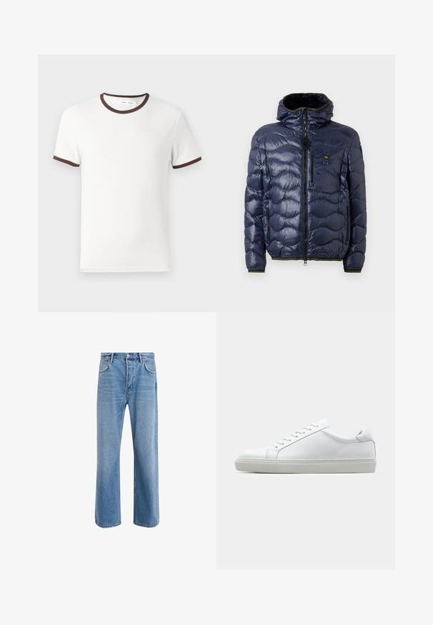 Tengerészkék pufi dzseki fényes felülettel, steppelt mintával, cipzáros záródással, levehető kapucnival és oldalsó zsebekkel. Fekete és sárga kiegészítőkkel rendelkezik.; Fehér, rövid ujjú póló, barna bordázott nyakkivágással és ujjak szélénél, puha pamut anyagból készült. Egyszerű és klasszikus dizájn.; Világoskék farmernadrág, egyenes szárú fazonnal, öt zsebbel, gombos záródással, minimális kopással és kontrasztos varrással.; Fehér sportcipő sima bőr felső résszel és alacsony profilsal. Kerek orr, hat fűzőlyuk és barázdált gumitalp jellemzi.