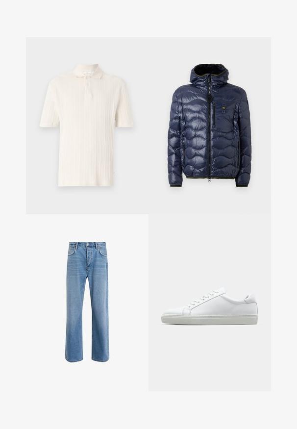 Tamsiai mėlynas pūkinis švarkas su blizgiu paviršiumi, siuvinėtu raštu, užtrauktuko uždarymu, nuimama kapota ir šoninėmis kišenėmis. Pabrėžti juodos ir geltonos spalvos akcentai.; Trumpas rankovėmis polo marškinėliai iš minkštos kreminės spalvos medžiagos su vertikalia juostele, turi klasikinį apykaklę ir dviem mygtukais užsegamą sprindį.; Šviesiai mėlyni džinsai su tiesiu kirpimu, penkios kišenės, mygtuko užsegimas, minimalus blukimas ir kontrastingi siuvimo detalės.; Baltas sportinis batelis su lygiu odiniu paviršiumi ir žemu profiliu. Turi suapvalintą pirštą, šešis akių skyrius ir tekstūruotą gumos padą.