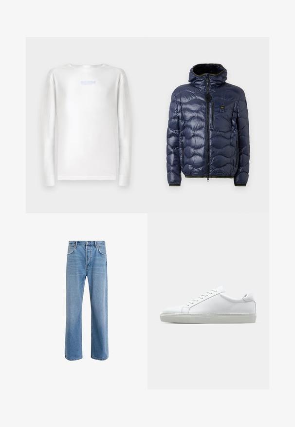 Marineblauwe pufferjack met een glanzende afwerking, gestikt patroon, ritsluiting, afneembare capuchon en zijzakken. Bevat zwarte en gele accenten.; TOM TAILOR DENIM Longsleeve - white; Lichtblauwe denim jeans met een straight-leg ontwerp, vijf zakken, knoopsluiting, minimale vervaging en contrasterende stikseldetails.; Witte sneaker met een gladlederen bovenwerk en een laag profiel. Voorzien van een ronde neus, zes vetergaatjes en een gestructureerde rubberen zool.