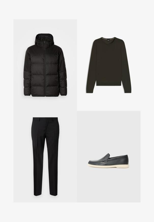 Black puffer jacket features a zip closure, a hood, quilted sections, and elastic cuffs, made from a smooth, water-resistant material.; Dark green long-sleeve pullover sweater with a round neckline, ribbed cuffs and hem, and a label tag at the neckline.; Black tailored trousers made from smooth fabric, featuring a straight leg, refined crease details, and a classic waistband with belt loops.; Black leather slip-on loafers with a textured finish and a contrasting beige rubber sole. Features a subtle accent along the front.