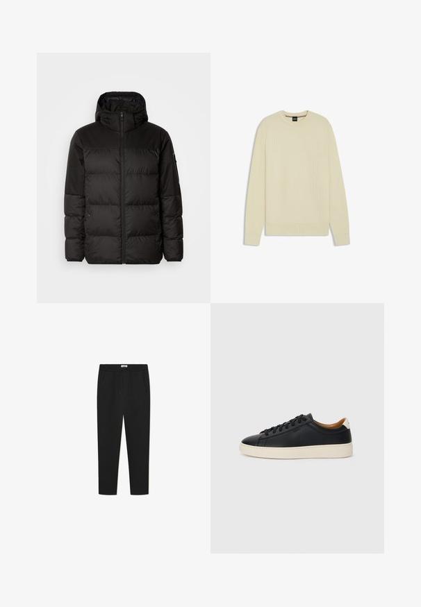 Musta puhvijakku sisältää vetoketjun, hupun, tilkuista koostuvia osioita ja joustavat hihansuut. Se on valmistettu sileästä, vedenpitävästä materiaalista.; Vaaleanbeige neulepusero, jossa on teksturoitu vohvelineule, pyöreä kaula-auko ja ribbauskudot hihansuissa ja helmassa. Yksinkertainen, moderni muoto ilman lisäkoristeita.; Mustat verkkarit pehmeästä kankaasta, joissa on joustava vyötärönyöri, kaksi sivutaskua ja kapeneva lahje.; Mustat nahkasneakerit, joissa on sileä pinta, beige kumipohja, nauhakiinnitys ja erottuva kanta-aksentti.