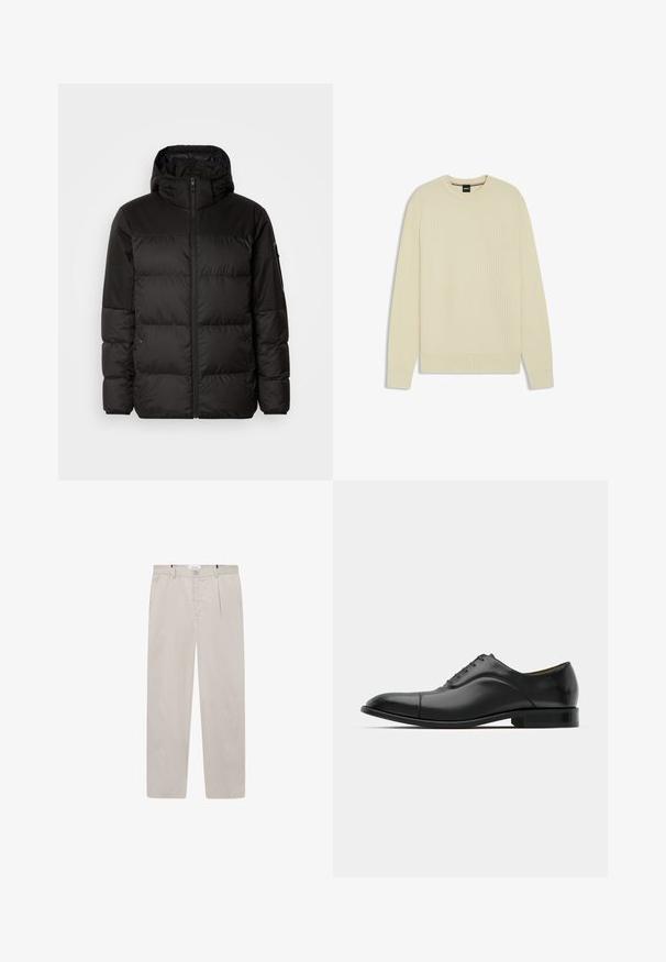 Black puffer jacket features a zip closure, a hood, quilted sections, and elastic cuffs, made from a smooth, water-resistant material.; Light beige sweater with a textured waffle knit design, crew neck, and ribbed cuffs and hem. Simple, modern shape with no additional accents.; Light beige trousers made of soft fabric, featuring a straight cut, two side pockets, and a front button closure. Lightweight and smooth texture.; Black leather dress shoe with smooth texture, rounded toe, and five eyelets. Features a low stacked heel and subtle seam detailing.