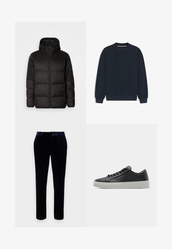 Black puffer jacket features a zip closure, a hood, quilted sections, and elastic cuffs, made from a smooth, water-resistant material.; Navy blue sweatshirt made of soft fabric, featuring a crew neckline, long sleeves, and ribbed cuffs and hem for a snug fit.; Dark blue velvet trousers with a flat front, belt loops, and a slim-fit design. Smooth texture and subtle sheen enhance appearance.; Black leather sneaker with a smooth texture, round toe, and black laces. Features a thick, white rubber sole with subtle geometric accents.