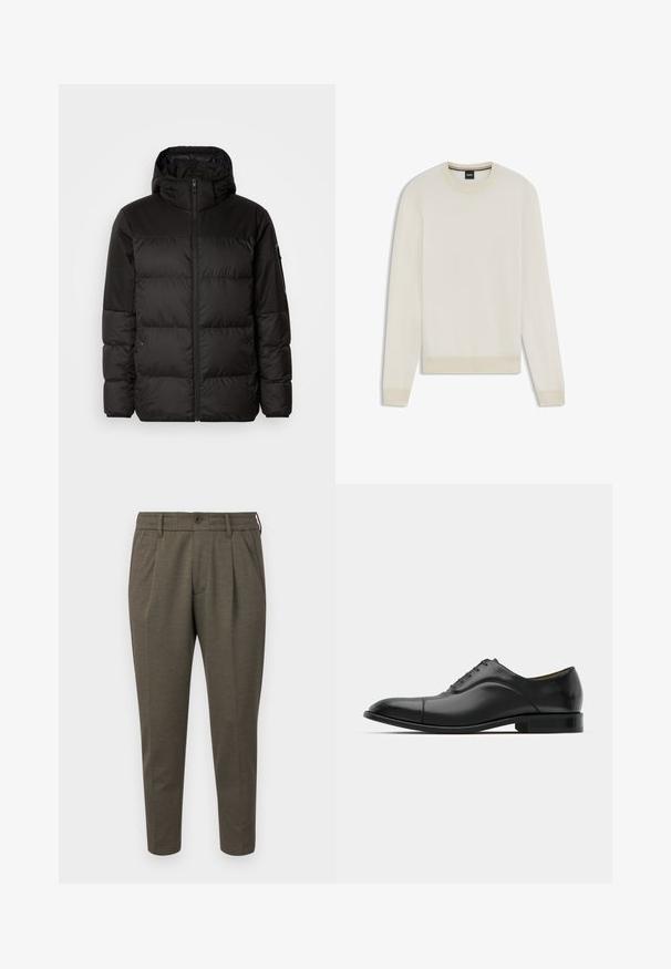 Black puffer jacket features a zip closure, a hood, quilted sections, and elastic cuffs, made from a smooth, water-resistant material.; Light beige knitted sweater with a herringbone pattern, round neckline, and ribbed cuffs and hem. Soft texture, long sleeves, and minimal design.; Khaki trousers with a textured, woven fabric. Features a button closure, pleats, and side pockets. Tapered leg design.; Black leather dress shoe with smooth texture, rounded toe, and five eyelets. Features a low stacked heel and subtle seam detailing.