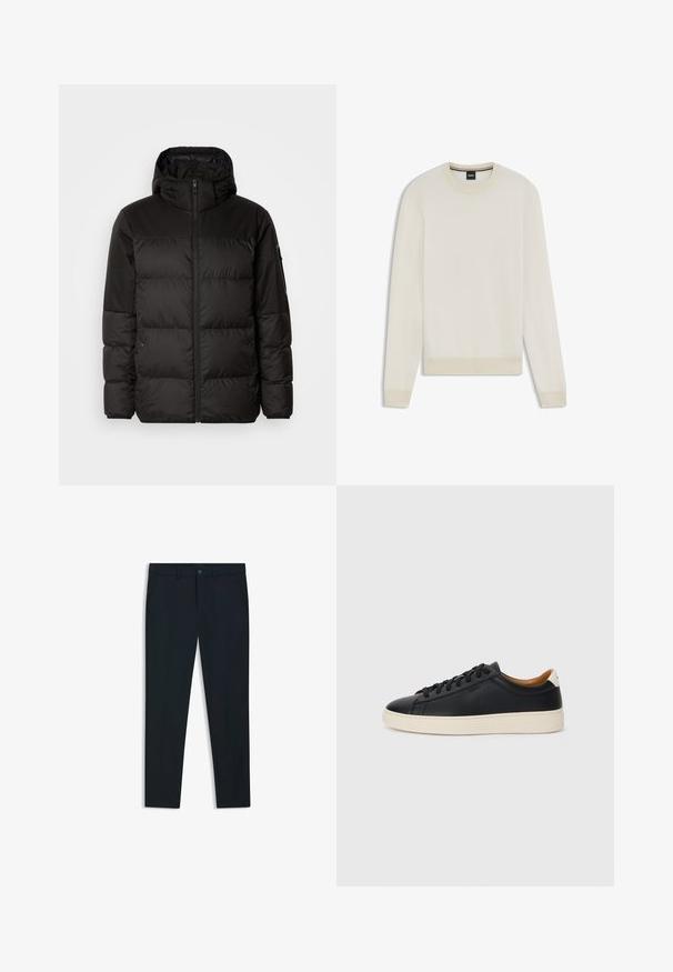 Black puffer jacket features a zip closure, a hood, quilted sections, and elastic cuffs, made from a smooth, water-resistant material.; Light beige knitted sweater with a herringbone pattern, round neckline, and ribbed cuffs and hem. Soft texture, long sleeves, and minimal design.; Navy blue, tailored trousers made of smooth fabric; features front pockets, belt loops, and a button closure. Straight-leg design.; Black leather sneakers with a smooth texture, beige rubber sole, lace-up design, and a contrasting heel accent.