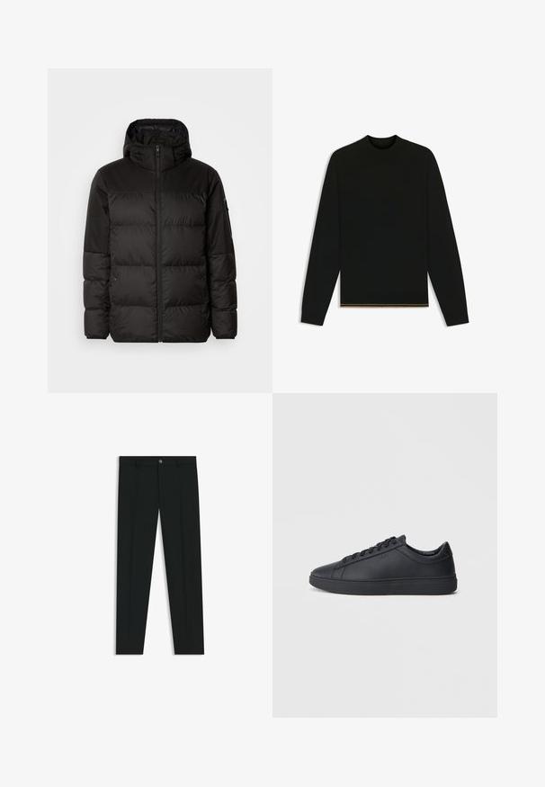 La chaqueta acolchada negra tiene un cierre de cremallera, capucha, secciones acolchadas y puños elásticos, hecha de un material suave y resistente al agua.; Suéter negro de punto con mangas largas y cuello alto. Presenta un detalle dorado en el dobladillo. Textura suave y diseño ajustado.; Pantalones de vestir negros con un diseño de pierna recta, hechos de una tela suave. Cuentan con un cierre frontal de botón y lazos para cinturón. Liso, sin patrones.; Zapatillas negras de cuero liso con diseño bajo, puntera redonda y suela plana de goma. Presentan cordones y una marca sutil.