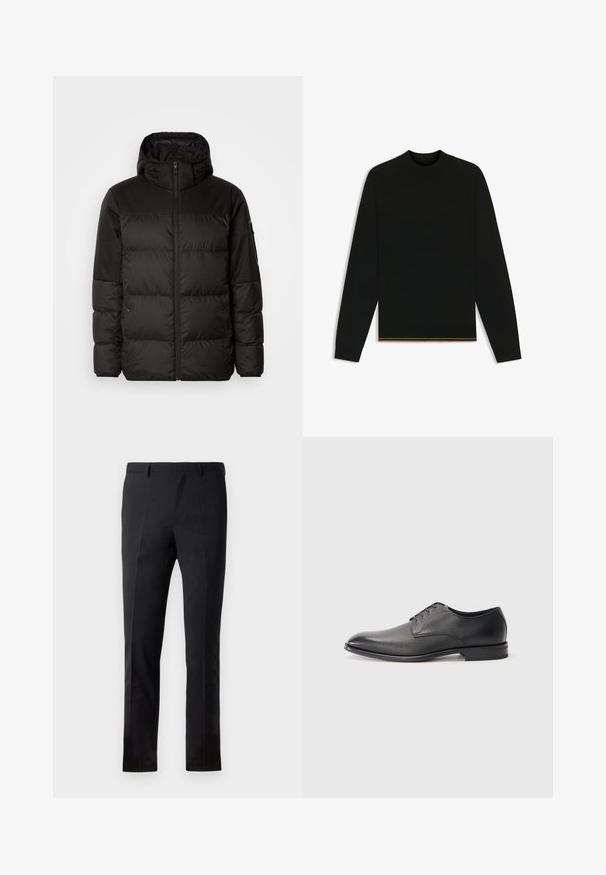 Zwarte pufferjas met ritsluiting, een capuchon, gequiltte secties en elastische manchetten, gemaakt van een glad, waterafstotend materiaal.; Zwarte gebreide trui met lange mouwen en een hoge nek. Bevat een gouden accent aan de zoom. Gladde textuur en getailleerd ontwerp.; Zwarte broeken met een getailleerde pasvorm, voorzien van een flat front, twee plooien, riemlussen en een gladde textuur. Geen zichtbare patronen of hardware.; Zwarte leren herenschoen met veters, lage hak en een gladde, licht gestructureerde afwerking op een effen witte achtergrond.