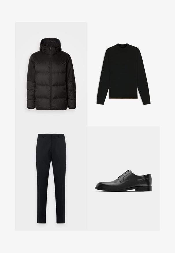 Svart puffjacka med blixtlås, huva, quiltade sektioner och elastiska mudd, tillverkad av ett slätt, vattentåligt material.; Svart stickad tröja med långa ärmar och hög krage. Har en guldaccent vid fållen. Slät textur och figurnära design.; Svarta skräddarsydda formella byxor för män med bältesömmar, platt framtill och raka ben på vit bakgrund.; Svarta läderkläderskor med rund tå, slät yta, minimala sömmar och platt sula med subtil logotyp på hälen.