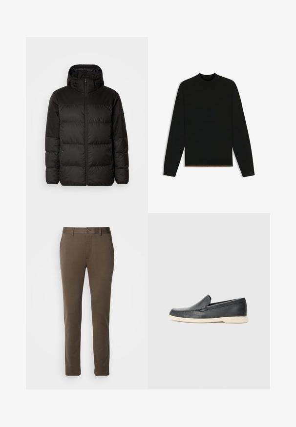 Black puffer jacket features a zip closure, a hood, quilted sections, and elastic cuffs, made from a smooth, water-resistant material.; Black knit sweater with long sleeves and a high neck. Features a gold accent at the hem. Smooth texture and fitted design.; Brown slim-fit trousers made of smooth fabric, featuring a button closure and belt loops, with a clean design and straight leg cut.; Black leather slip-on loafers with a textured finish and a contrasting beige rubber sole. Features a subtle accent along the front.