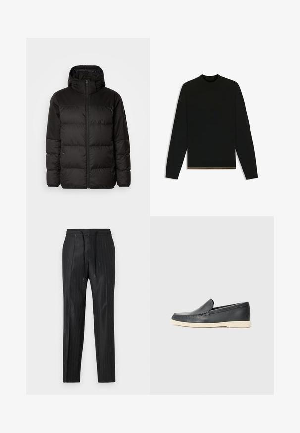 Zwarte pufferjas met ritsluiting, een capuchon, gequiltte secties en elastische manchetten, gemaakt van een glad, waterafstotend materiaal.; Zwarte gebreide trui met lange mouwen en een hoge nek. Bevat een gouden accent aan de zoom. Gladde textuur en getailleerd ontwerp.; Zwarte broek met streepdessin, vervaardigd uit een glanzende stof, voorzien van een comfortabele elastische tailleband en strikaccenten. Bevat subtiele logo-details.; Zwarte leren instappers met een gestructureerde afwerking en een contrasterende beige rubberen zool. Beschikt over een subtiele accent langs de voorkant.