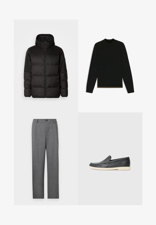 Black puffer jacket features a zip closure, a hood, quilted sections, and elastic cuffs, made from a smooth, water-resistant material.; Black knit sweater with long sleeves and a high neck. Features a gold accent at the hem. Smooth texture and fitted design.; Gray tailored trousers featuring a subtle striped pattern, a front button closure, and a straight-leg design. No visible pockets.; Black leather slip-on loafers with a textured finish and a contrasting beige rubber sole. Features a subtle accent along the front.