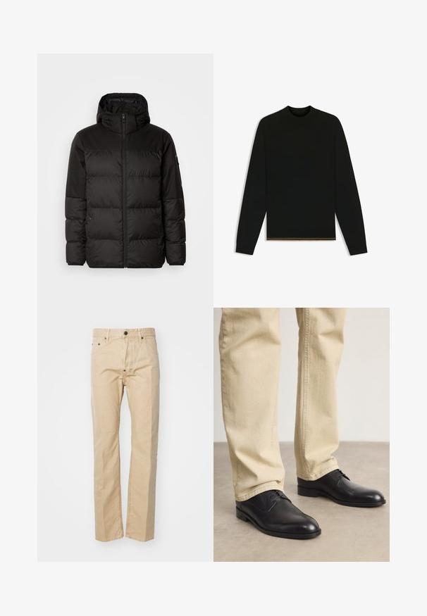 Il giubbotto puffo nero presenta una chiusura con zip, un cappuccio, sezioni trapuntate e polsini elastici, realizzato in un materiale liscio e resistente all'acqua.; Maglione nero in maglia con maniche lunghe e colletto alto. Presenta un dettaglio dorato all'orlo. Decorato da una trama liscia e design aderente.; Pantaloni in cotone beige con un design a gamba dritta, caratterizzati da chiusura con bottone, passanti per cintura e tasche frontali. Texture liscia, cuciture minime.; Scarpe stringate in pelle nera con punta arrotondata, finitura liscia e dettagli di cucitura sottili, indossate con pantaloni beige chiaro.