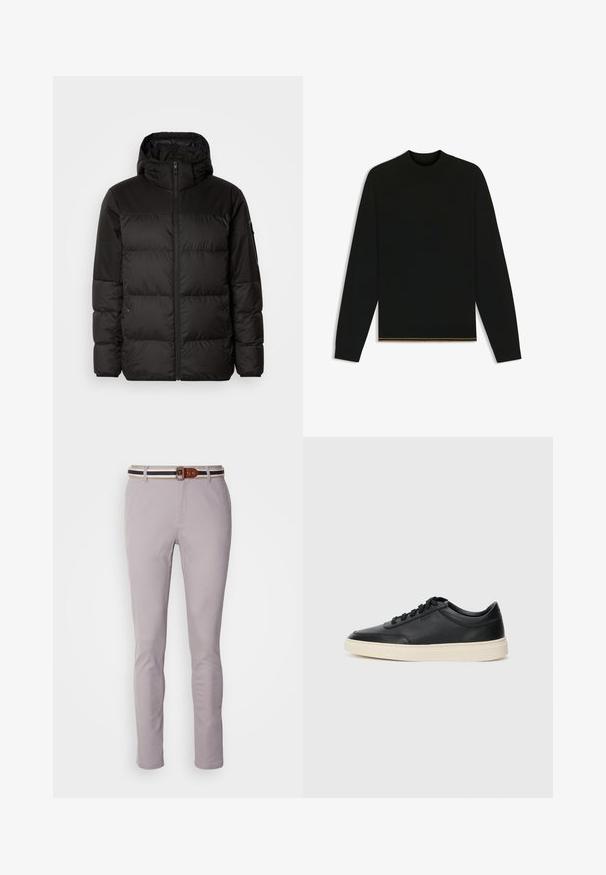 Black puffer jacket features a zip closure, a hood, quilted sections, and elastic cuffs, made from a smooth, water-resistant material.; Black knit sweater with long sleeves and a high neck. Features a gold accent at the hem. Smooth texture and fitted design.; Light gray trousers made of cotton blend, featuring a slim fit, a flat front, and a brown and navy striped belt with a rectangular buckle.; Black low-top leather sneaker with black laces and off-white sole shown in side profile on white background.