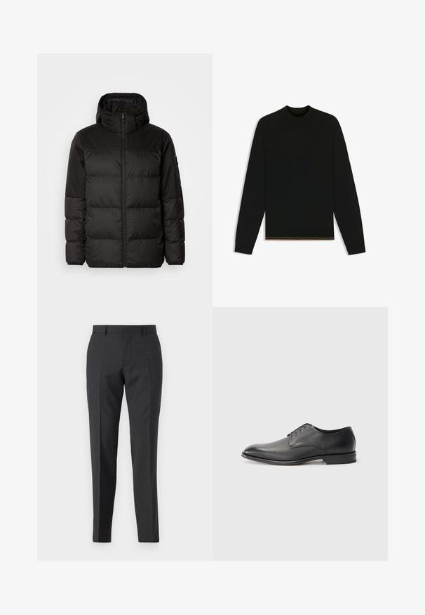 Black puffer jacket features a zip closure, a hood, quilted sections, and elastic cuffs, made from a smooth, water-resistant material.; Black knit sweater with long sleeves and a high neck. Features a gold accent at the hem. Smooth texture and fitted design.; Dark gray tailored trousers with a straight fit, featuring side pockets, and subtle texture. Closures include a zip fly and belt loops.; Black leather men's dress shoe with laces, low heel, and smooth, slightly textured finish on plain white background.