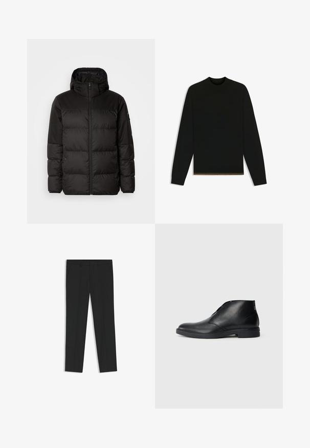 Zwarte pufferjas met ritsluiting, een capuchon, gequiltte secties en elastische manchetten, gemaakt van een glad, waterafstotend materiaal.; Zwarte gebreide trui met lange mouwen en een hoge nek. Bevat een gouden accent aan de zoom. Gladde textuur en getailleerd ontwerp.; Zwarte converspantalons, op maat gemaakt, met een gladde textuur, riemlussen en zijzakken. Plat voorpand met een rechte pijp.; Zwarte leren enkelboots met een gladde textuur, ronde neus, minimalistisch ontwerp en een lage, stevige rubberen zool. Decoratieve stiksel details.