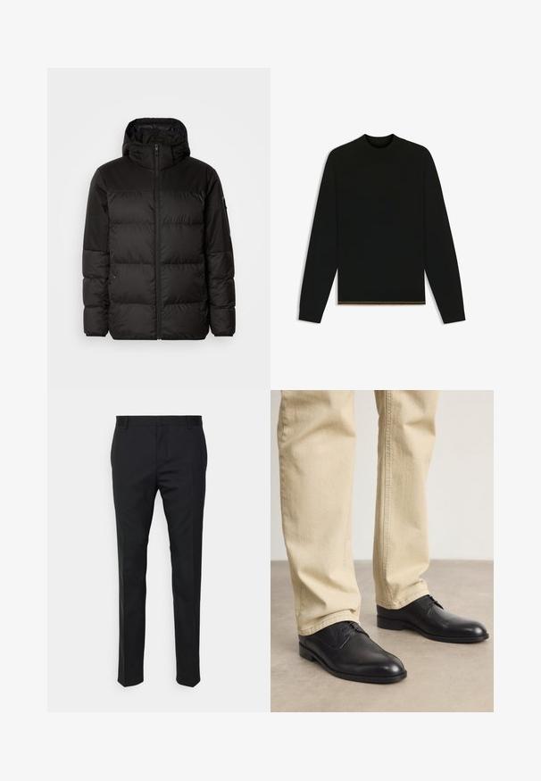 Sort pufferjakke med lynlås, hætte, quiltede sektioner og elastiske manchetter, lavet af et glat, vandafvisende materiale.; Sort strikket sweater med lange ærmer og høj hals. Har en guldfarvet detalje i kanten. Glat tekstur og tætsiddende design.; Sorte skræddersyede bukser med lige pasform, fremstillet af glat stof. Har bæltestropper og foldedetalje foran.; Sorte læder snørebåndssko med rund tå, glat finish og diskrete syninger, båret med lyse beige bukser.