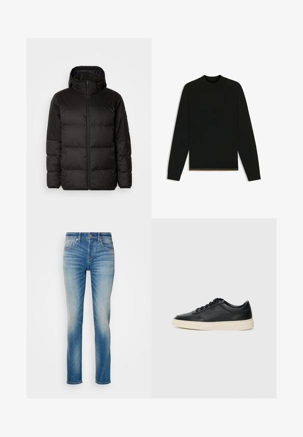 Black puffer jacket features a zip closure, a hood, quilted sections, and elastic cuffs, made from a smooth, water-resistant material.; Black knit sweater with long sleeves and a high neck. Features a gold accent at the hem. Smooth texture and fitted design.; Light blue denim jeans with a straight fit, featuring five pockets and subtle fading on the thighs. Metal button and zipper closure.; Black low-top leather sneaker with black laces and off-white sole shown in side profile on white background.