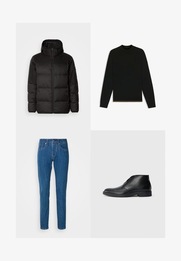 Svart puffjacka med blixtlås, huva, quiltade sektioner och elastiska mudd, tillverkad av ett slätt, vattentåligt material.; Svart stickad tröja med långa ärmar och hög krage. Har en guldaccent vid fållen. Slät textur och figurnära design.; Blå raka jeans i denim, med en standard femficksdesign, knappgylf och subtila blekningar längs benen.; Svarta läderankelboots med en slät yta, rundad tå, minimalistisk design och en låg, stadig gummisula. Dekorativ sömsdetsal.