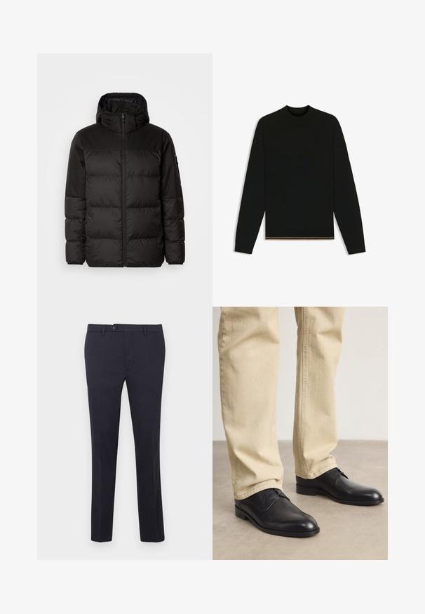 Schwarze Pufferjacke mit Reißverschluss, Kapuze, gesteppten Abschnitten und elastischen Bündchen, hergestellt aus einem glatten, wasserabweisenden Material.; Schwarzer Strickpullover mit langen Ärmeln und hohem Kragen. Verfügt über einen goldenen Akzent am Saum. Glatte Textur und taillierte Passform.; Marineblaue Baumwollhose mit geradem Schnitt, ausgestattet mit einem Knopfverschluss, Gürtelschlaufen und ohne sichtbare Muster oder Akzente.; Schwarze Leder Schnürschuhe mit runder Zehenform, glatter Oberfläche und dezenten Nähdetails, getragen mit hellbeigen Hosen.