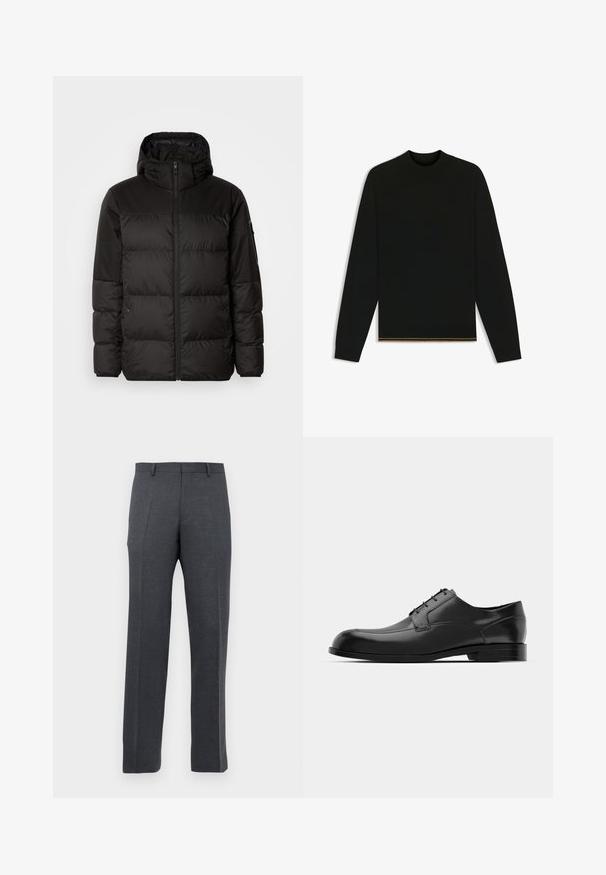 La chaqueta acolchada negra tiene un cierre de cremallera, capucha, secciones acolchadas y puños elásticos, hecha de un material suave y resistente al agua.; Suéter negro de punto con mangas largas y cuello alto. Presenta un detalle dorado en el dobladillo. Textura suave y diseño ajustado.; Pantalones de vestir ajustados en gris oscuro para hombre, con trabillas y pliegues frontales, mostrados sobre un fondo blanco.; Zapato de vestir de cuero negro con punta redondeada, textura suave, costuras mínimas y suela plana con un sutil logo en el tacón.