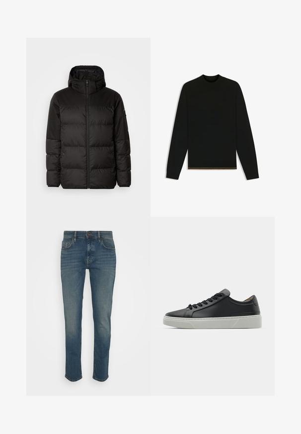 Black puffer jacket features a zip closure, a hood, quilted sections, and elastic cuffs, made from a smooth, water-resistant material.; Black knit sweater with long sleeves and a high neck. Features a gold accent at the hem. Smooth texture and fitted design.; Dark blue jeans with a slim fit, featuring a button closure, five pockets, and a slightly faded finish. Made of denim fabric.; Black leather sneaker with a smooth texture, round toe, and black laces. Features a thick, white rubber sole with subtle geometric accents.