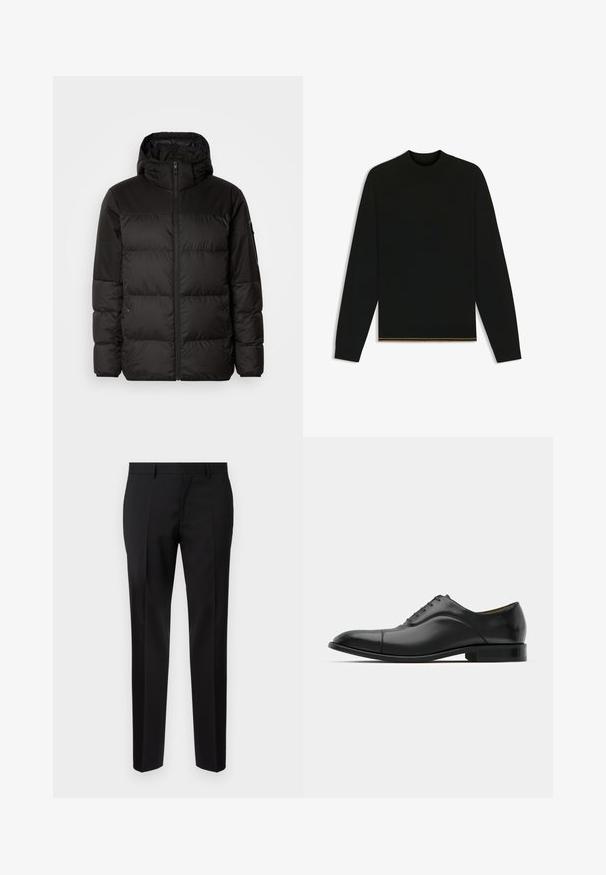 Black puffer jacket features a zip closure, a hood, quilted sections, and elastic cuffs, made from a smooth, water-resistant material.; Black knit sweater with long sleeves and a high neck. Features a gold accent at the hem. Smooth texture and fitted design.; Black tailored trousers made from smooth fabric, featuring a straight leg, refined crease details, and a classic waistband with belt loops.; Black leather dress shoe with smooth texture, rounded toe, and five eyelets. Features a low stacked heel and subtle seam detailing.