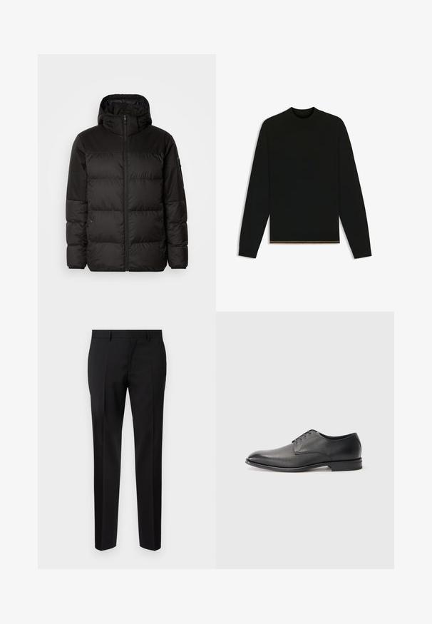 Black puffer jacket features a zip closure, a hood, quilted sections, and elastic cuffs, made from a smooth, water-resistant material.; Black knit sweater with long sleeves and a high neck. Features a gold accent at the hem. Smooth texture and fitted design.; Black tailored trousers made from smooth fabric, featuring a straight leg, refined crease details, and a classic waistband with belt loops.; Black leather men's dress shoe with laces, low heel, and smooth, slightly textured finish on plain white background.