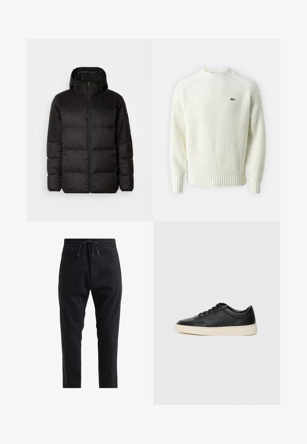 Černá péřová bunda má zipový uzávěr, kapuci, prošívané části a elastické manžety, vyrobená z hladkého, voděodolného materiálu.; Objemný bílý svetr s kulatým výstřihem a ribovanou strukturou, se malým zeleným logem na levé části hrudi a přiléhavými ribovanými manžetami a lemem.; Černé joggingové kalhoty vyrobené z měkké tkaniny, s pasem na šňůrku a zúženými nohavicemi pro přiléhavý design. Žádné viditelné vzory ani kovové části.; Černé kožené nízké tenisky s černými tkaničkami a slonovinovou podešví, zobrazené v bočním profilu na bílém pozadí.