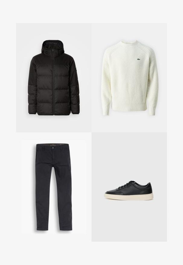 Geacă puffer neagră cu închidere cu fermoar, glugă, secțiuni quilted și manșete elastice, realizată dintr-un material neted, rezistent la apă.; Pulover alb chunky cu guler rotund, având o textură ribbed, cu un mic logo verde pe pieptul stâng și mansete și tiv ajustate ribbed.; Pantaloni chino negri din bumbac. Prezintă un design standard tapered, buzunare frontale și închidere cu nasture, având o textură netedă.; Sneaker din piele neagră, cu vârf jos, cu șireturi negre și talpă de un alb murdar, prezentat în profil lateral, pe un fundal alb.