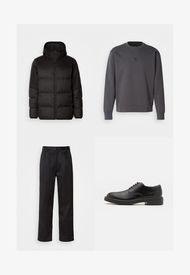 Čierna prešívaná bunda má zips, kapucňu, prešívané sekcie a elastické manžety, vyrobená z hladkého, vodeodolného materiálu.; Charcoal šedý sveter vyrobený z mäkkej tkaniny, s hexagonálnym logom na hrudi, rebrovanými manžetami a okrúhlym výstrihom. Jednoduchý, moderný dizajn.; Čierne nohavice vyrobené z hladkej látky, s predným zapínaním na gombík, s plisovaním a rovnými nohavicami. Žiadne viditeľné vzory ani akcenty.; Čierne kožené šnurovacie topánky s okrúhlou špičkou, hladkým povrchom, minimálnym prešívaním a nízkym gumovým podpätkom. Logo na podpätku.