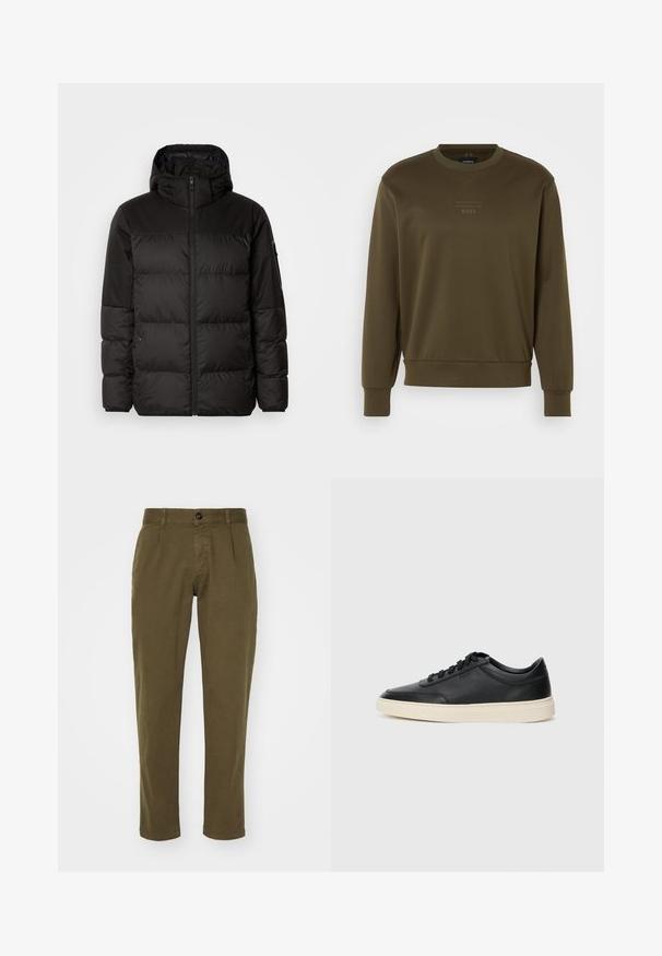 Černá péřová bunda má zipový uzávěr, kapuci, prošívané části a elastické manžety, vyrobená z hladkého, voděodolného materiálu.; Olivově zelený svetr s kulatým výstřihem, žebrovanými manžetami a lemem. Obsahuje jemně reliéfní logo na hrudi. Hladká textilie.; Olivově zelené bavlněné kalhoty s rovný fit, vybavené předním zapínáním na knoflík, poutky na opasek a bočními kapsami. Hladká textura.; Černé kožené nízké tenisky s černými tkaničkami a slonovinovou podešví, zobrazené v bočním profilu na bílém pozadí.