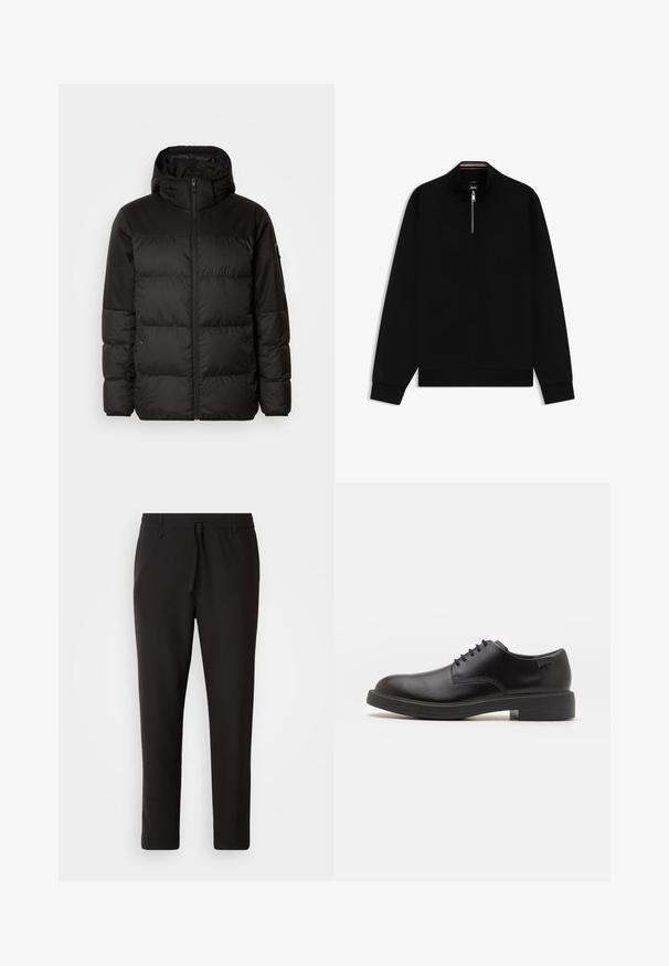 Black puffer jacket features a zip closure, a hood, quilted sections, and elastic cuffs, made from a smooth, water-resistant material.; Black sweatshirt with a high collar, half-zip closure, and striped detail at the neck. Smooth texture and long sleeves. Casual design.; Black jogger pants made of smooth fabric. Feature an elastic waistband with a drawstring, tapered legs, and no visible pockets. Simple design.; Black leather lace-up shoe with a rounded toe, smooth texture, minimal stitching, and a low rubber heel. Logo on the heel.