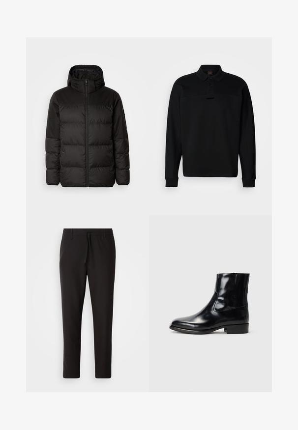 Black puffer jacket features a zip closure, a hood, quilted sections, and elastic cuffs, made from a smooth, water-resistant material.; Black long-sleeve polo shirt made of soft fabric, featuring a buttoned collar and subtle branding on the chest. Ribbed cuffs are present.; Black jogger pants made of smooth fabric. Feature an elastic waistband with a drawstring, tapered legs, and no visible pockets. Simple design.; Black leather ankle boots with a shiny finish, sleek design, and a rounded toe. Features elastic side panels and a low block heel.