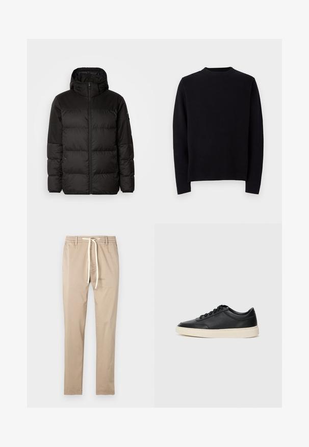 La chaqueta acolchada negra tiene un cierre de cremallera, capucha, secciones acolchadas y puños elásticos, hecha de un material suave y resistente al agua.; Suéter de punto negro con mangas largas, cuello redondo acanalado y corte recto. Textura suave sin patrones o acentos visibles.; Pantalones de algodón beige con cintura elástica, cierre de cordón y diseño de pernera recta. Textura suave sin patrones o acentos visibles.; Zapatilla negra de piel de caña baja con cordones negros y suela color crema, mostrada en perfil lateral sobre fondo blanco.