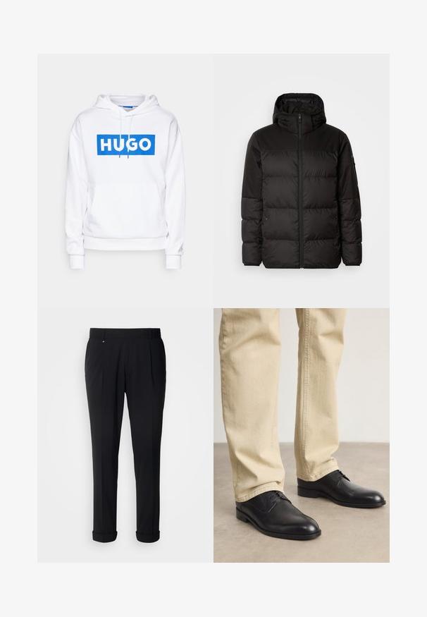 Juodas pūkinis švarkas turi užtrauktuką, gobtuvą, siūlinčius skyrius ir elastinius rankogalius, pagamintas iš lygaus, vandeniui atsparaus medžiagos.; Baltas džemperis su priekine kengūros kišenėle, su mėlyna stačiakampio grafika, kurioje baltais didžiais rašmenimis užrašyta "HUGO". Su raišteliais ant kapšiko.; Juodos pritaikytos kelnės su lygiu paviršiumi, turinčios lygų priekį, vieną klostę ir suktus galus, suteikiančius rafinuotą išvaizdą.; Juodos odinės bateliai su raišteliais, su apvaliu pirštu, lygia danga ir subtiliomis siuvimo detalėmis, dėvimi su šviesiai smėliniais kelnėmis.