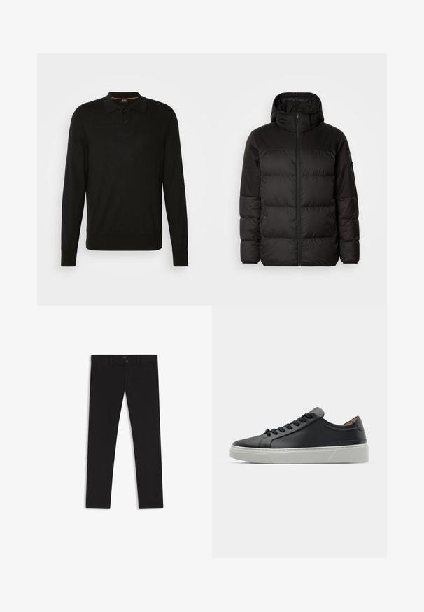 Il giubbotto puffo nero presenta una chiusura con zip, un cappuccio, sezioni trapuntate e polsini elastici, realizzato in un materiale liscio e resistente all'acqua.; Polo shirt nero a maniche lunghe realizzato in tessuto liscio, caratterizzato da un colletto con due bottoni, polsini a coste e ricamo del logo discreto.; Pantaloni neri realizzati in tessuto con una superficie liscia. Presentano una chiusura con bottone, passanti per cintura e tasche laterali. Design a gamba dritta standard.; Sneaker in pelle nera con una texture liscia, punta rotonda e lacci neri. Presenta una suola in gomma bianca spessa con sottili accenti geometrici.