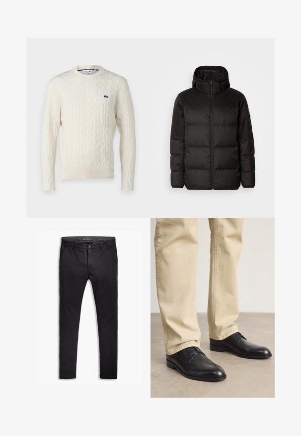 Black puffer jacket features a zip closure, a hood, quilted sections, and elastic cuffs, made from a smooth, water-resistant material.; Cream cable-knit sweater with a round neckline, ribbed cuffs and hem, and a green Lacoste logo on the chest. Textured fabric enhances detail.; Black cotton chinos with a tapered fit, featuring five pockets, belt loops, and a smooth texture. Zip fly with a button closure.; Black leather lace-up shoes with a rounded toe, smooth finish, and subtle stitching details, worn with light beige pants.