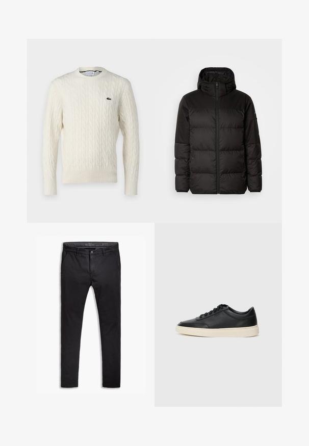 Črna zimska jakna ima zadrgo, kapuco, prešite odseke in elastične manšete, izdelana je iz gladkega, vodoodpornega materiala.; Krem pulover iz kabelskega pletenja z okroglim izrezom, rebrastimi manšeti in robom ter zelenim logotipom Lacoste na prsih. Teksturna tkanina poudarja detajle.; Črne bombažne chinos hlače s ozkim krojem, ki imajo pet žepov, pasne zanke in gladko teksturo. Zadrga in gumb za zapiranje.; Črne nizke usnjene teniske s črnimi vezalkami in svetlo belo podplatom, prikazane v stranskem profilu na beli podlagi.