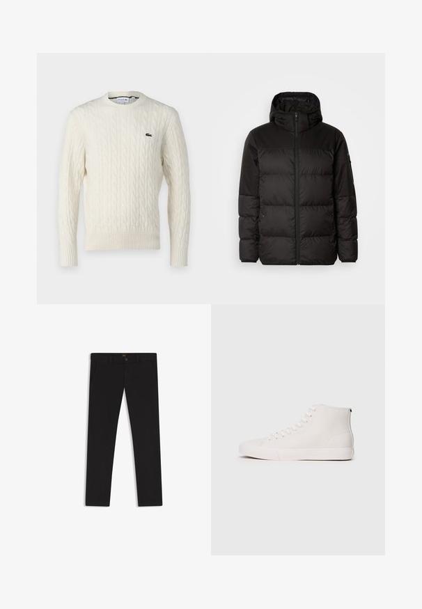 Schwarze Pufferjacke mit Reißverschluss, Kapuze, gesteppten Abschnitten und elastischen Bündchen, hergestellt aus einem glatten, wasserabweisenden Material.; Cremfarbener Zopfmuster-Pullover mit Rundhalsausschnitt, gerippten Bündchen und Saum sowie einem grünen Lacoste-Logo auf der Brust. Die strukturierte Stoffqualität betont die Details.; Schwarze Hosen aus einem Stoff mit glatter текстуре. Verfügt über einen Knopfverschluss, Gürtelschlaufen und Seitentaschen. Klassisches Design mit geradem Bein.; Hohe Sneakers aus weißem Canvas mit strukturierter Oberfläche, mit weißen Ösen und einer Gummisohle. Einfaches Design mit Kontrastnähten.