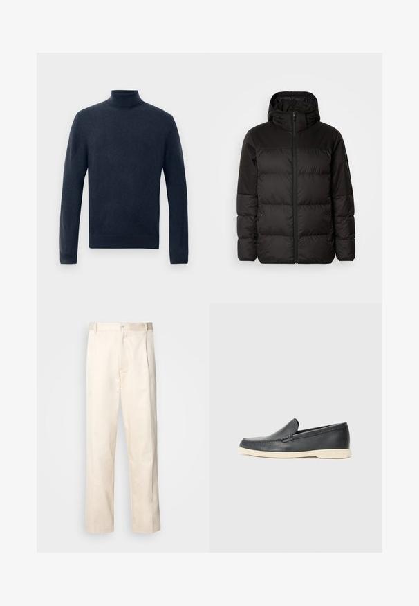 A jaqueta puffer preta apresenta um fecho zip, um capuz, secções acolchoadas e punhos elásticos, confeccionada em um material liso e resistente à água.; Sweater azul marinho escuro com gola alta; feito de um tecido macio e suave; apresenta mangas longas e uma barra ajustada.; Calças de algodão bege com corte reto, apresentando um fecho de botão e pregas na frente para um detalhe adicional.; Mocassins pretos em couro com acabamento texturizado e sola de borracha bege em contraste. Apresenta um detalhe subtil na parte da frente.