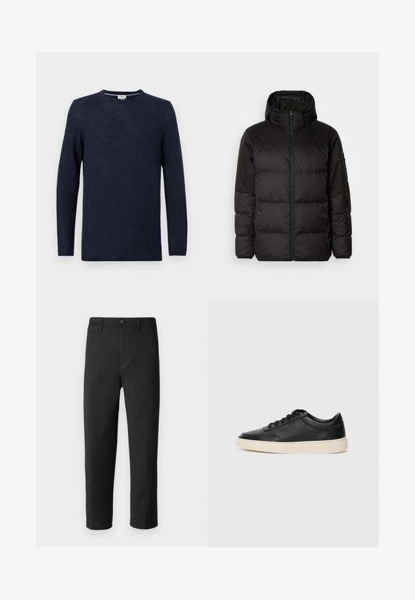 Czarna kurtka puchowa z zapięciem na zamek, kapturem, pikowanymi sekcjami i elastycznymi mankietami, wykonana z gładkiego, wodoodpornego materiału.; Granatowa koszulka z długim rękawem, wykonana z lekkiego materiału, z okrągłym dekoltem i gładką fakturą, z minimalnymi detalami szwów.; Czarne spodnie o prostym kroju, wykonane z gładkiego materiału. Posiadają zapięcie na guzik i szlufki na pasek. Bez widocznych wzorów ani akcentów.; Czarne niskie skórzane sneakersy z czarnymi sznurówkami i off-white podeszwą, prezentowane w profilu bocznym na białym tle.