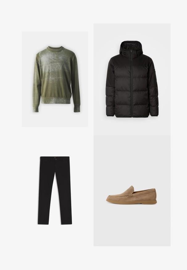 Musta puhvijakku sisältää vetoketjun, hupun, tilkuista koostuvia osioita ja joustavat hihansuut. Se on valmistettu sileästä, vedenpitävästä materiaalista.; Oliivinvihreä neulepusero, jossa on teksturoitu pinta; siinä on ribbikuvioitu pyöreä pääntie ja hihansuut, sekä hienovarainen väri-ero koko rungon alueella.; Mustat housut, jotka on valmistettu sileätekstiilisestä kankaasta. Varustettu nappikiinnityksellä, vyölenkeillä ja sivutaskuilla. Standardi suora lahjemalli.; Ruskeat mokka-kankaiset loaferit, joissa on sileä pinta ja ommeltu yksityiskohta; varustettu kumipohjalla pitävän otteen takaamiseksi.