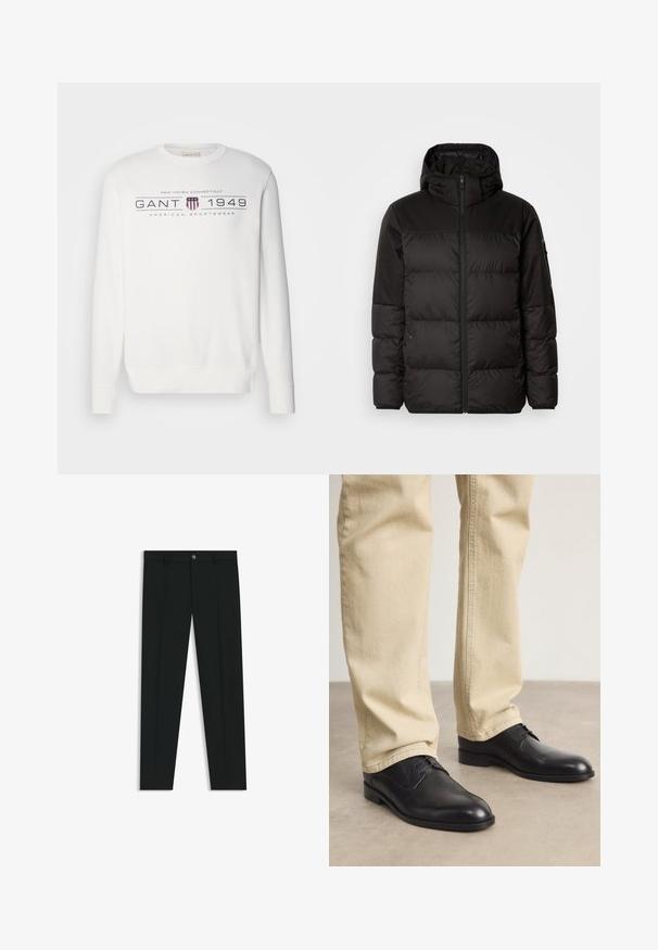 Svart puffjacka med blixtlås, huva, quiltade sektioner och elastiska mudd, tillverkad av ett slätt, vattentåligt material.; Vit tröja med långa ärmar, rund halsringning och ribbade ärmar. Har texten "GANT 1949" och en logotyp i mörkblått och rött.; Svarta dressbyxor med rak bendesign, gjorda av ett mjukt tyg. Har stängning med frontknapp och bälteshällor. Enfärgade utan mönster.; Svarta läderskor med snörning, rund tå, slät yta och subtila sömdetaljer, bärs med ljusbeige byxor.