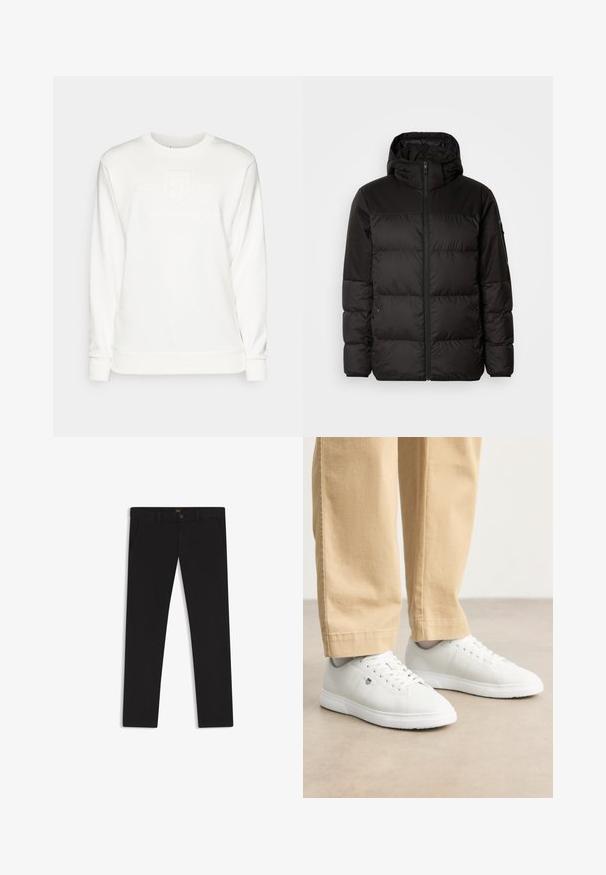 Schwarze Pufferjacke mit Reißverschluss, Kapuze, gesteppten Abschnitten und elastischen Bündchen, hergestellt aus einem glatten, wasserabweisenden Material.; Weißer Sweatshirt mit langen Ärmeln, rundem Ausschnitt und geprägtem Logo-Detail. Hergestellt aus weichem Stoff mit glatter Textur und gerippten Bündchen.; Schwarze Hosen aus einem Stoff mit glatter текстуре. Verfügt über einen Knopfverschluss, Gürtelschlaufen und Seitentaschen. Klassisches Design mit geradem Bein.; Weiße Ledersneaker mit glatter Oberfläche, runde Zehenpartie, Schnürdesign und dezente Logo-Details an der Seite, kombiniert mit beigen Hosen.