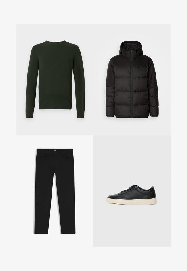 Schwarze Pufferjacke mit Reißverschluss, Kapuze, gesteppten Abschnitten und elastischen Bündchen, hergestellt aus einem glatten, wasserabweisenden Material.; Dunkelgrüner Strickpullover mit langen Ärmeln, Rundhalsausschnitt und glatter Textur. Keine sichtbaren Muster oder Hardwaredetails.; Schwarze Denim-Hosen mit geradem Schnitt, ausgestattet mit einem Standardbund, fünf Taschen und einem Knopfverschluss. Angenehme, glatte Textur.; Schwarzer niedriger Ledersneaker mit schwarzen Schnürsenkeln und cremefarbenem Sohlenrand, seitlich auf weißem Hintergrund dargestellt.