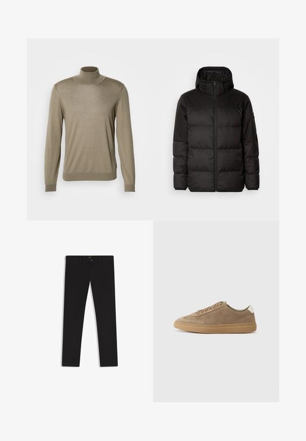 Schwarze Pufferjacke mit Reißverschluss, Kapuze, gesteppten Abschnitten und elastischen Bündchen, hergestellt aus einem glatten, wasserabweisenden Material.; Beige Rollkragenpullover aus dünnem, geripptem Stoff. Lange Ärmel mit eng anliegenden Bündchen und einem geraden Saum am unteren Ende. Einfaches Design, ohne Muster.; Schwarze Hosen aus einem Stoff mit glatter текстуре. Verfügt über einen Knopfverschluss, Gürtelschlaufen und Seitentaschen. Klassisches Design mit geradem Bein.; Wildledersneaker in Hellbraun mit Gummisohle. Sie verfügen über ein schnürbares Design und einen minimalistischen Stil, akzentuiert mit einer weißen Fersenschlaufe.