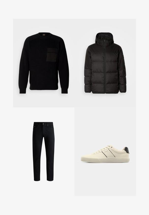 Svart puffjacka med blixtlås, huva, quiltade sektioner och elastiska mudd, tillverkad av ett slätt, vattentåligt material.; Svart stickad tröja med ribbat mönster, rund hals och en enfärgad svart bröstficka på vänster sida. Ingen synlig utrustning eller detaljer.; Svarta slim-fit jeans med fem fickor, knäppning med knapp och bälteshällor, visade mot en vit bakgrund.; Krämfärgade sneakers med en mjuk struktur, med svarta accenter och logotyper. Klassisk snördesign med rund tå och gummisula.