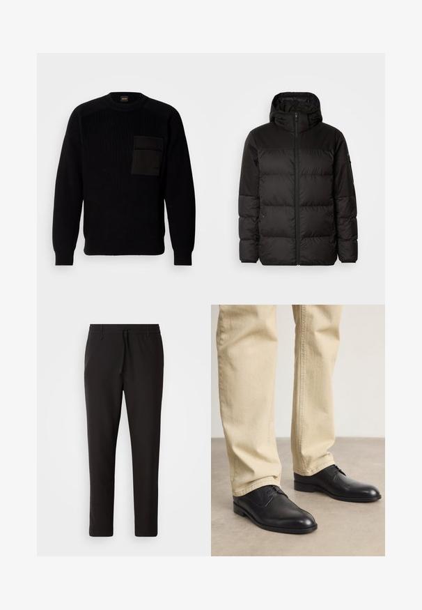 Črna zimska jakna ima zadrgo, kapuco, prešite odseke in elastične manšete, izdelana je iz gladkega, vodoodpornega materiala.; Črni pleteni pulover z rebrasto teksturo, okroglo ovratnico in trdno črno žepno patch na levem prsnem delu. Brez vidne kovinske opreme ali dodatkov.; Črne jogger hlače iz gladkega blaga. Imajo elastičen pas z vrvico, zožane hlačnice in brez vidnih žepov. Enostaven dizajn.; Črne usnjene čevlje z vezalkami in zaobljenim prstom, gladke površine in diskretnimi šivi, oblečene z svetlo bež hlačami.